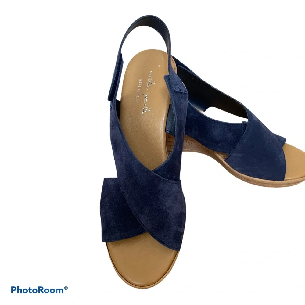 MILA PAOLI Navy Suede Leather Platform Wedge Sandals Crisscross Slingback 10